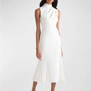 Shoshanna Audrey Off White Pleated Mock-Neck Midi Dress